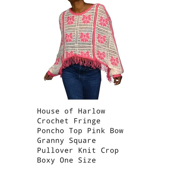 House of Harlow 1960 Pink Revolve Floral Crochet Fringe Poncho Sweater Boxy Boho - Picture 9 of 12